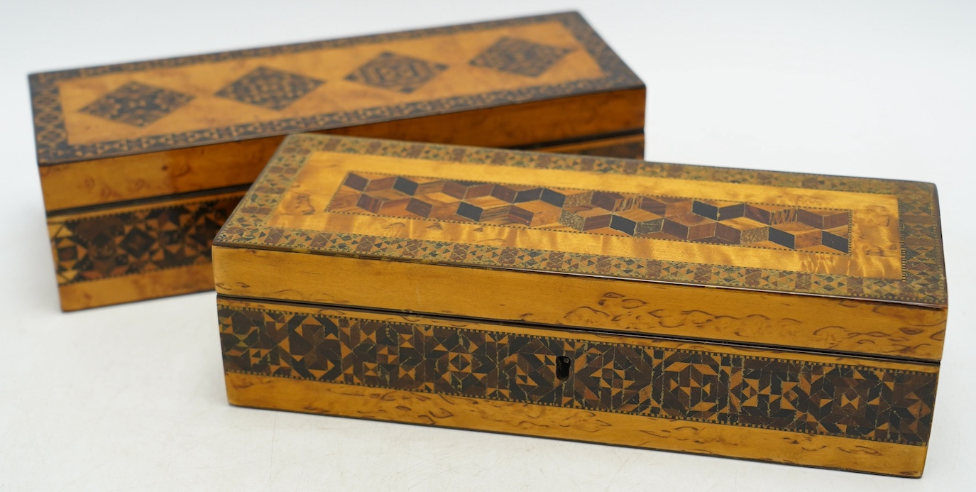 Two Tunbridgeware bird's eye maple half square mosaic glove boxes, c.1825-40, one with key, 24cm. Condition - fair to good